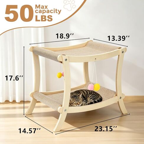 Indoor Cat Scratcher Bed, Double Layer Cat Hammock with Toy Ball, Wooden Sisal Cat Scratching Pad for Cats, Elevated Cat Lounge for Claw Grinding & Sleeping in Kuwait