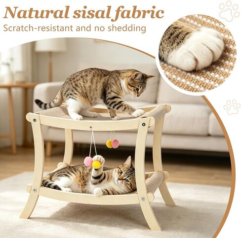 Indoor Cat Scratcher Bed, Double Layer Cat Hammock with Toy Ball, Wooden Sisal Cat Scratching Pad for Cats, Elevated Cat Lounge for Claw Grinding & Sleeping in Kuwait
