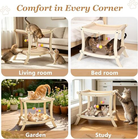 Indoor Cat Scratcher Bed, Double Layer Cat Hammock with Toy Ball, Wooden Sisal Cat Scratching Pad for Cats, Elevated Cat Lounge for Claw Grinding & Sleeping in Kuwait