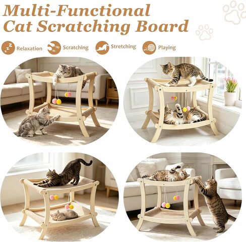 Indoor Cat Scratcher Bed, Double Layer Cat Hammock with Toy Ball, Wooden Sisal Cat Scratching Pad for Cats, Elevated Cat Lounge for Claw Grinding & Sleeping in Kuwait