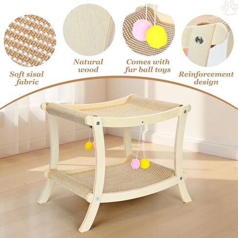 Indoor Cat Scratcher Bed, Double Layer Cat Hammock with Toy Ball, Wooden Sisal Cat Scratching Pad for Cats, Elevated Cat Lounge for Claw Grinding & Sleeping in Kuwait