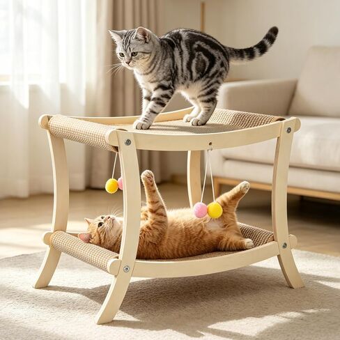 Indoor Cat Scratcher Bed, Double Layer Cat Hammock with Toy Ball, Wooden Sisal Cat Scratching Pad for Cats, Elevated Cat Lounge for Claw Grinding & Sleeping in Kuwait