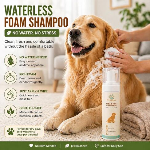 Flea & Tick Dog Waterless Foam Shampoo – No Rinse Grooming Formula – Gentle Care Coat Cleansing – Fresh Clean Scent – Dry Shampoo for Dogs and Puppies-200 ml (6.7 fl oz) in Kuwait