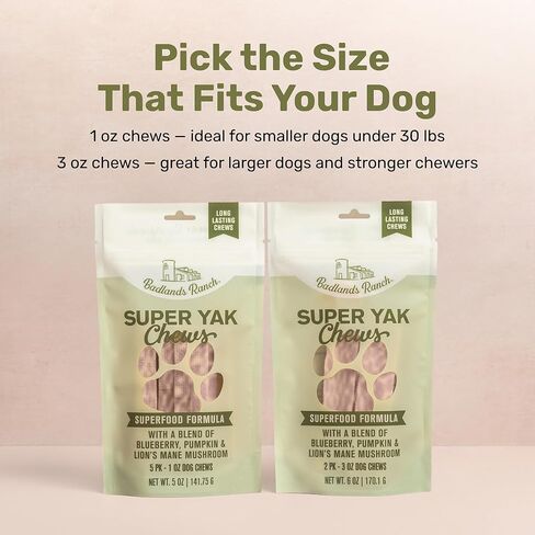 BADLANDS RANCH Super Yak Chews, Superfood Formula Dog Chews for Small Dogs, Long-Lasting Cow Milk Chews with Blueberry, Pumpkin & Lion’s Mane Mushroom, 5 x 1 oz in Saudi Arabia