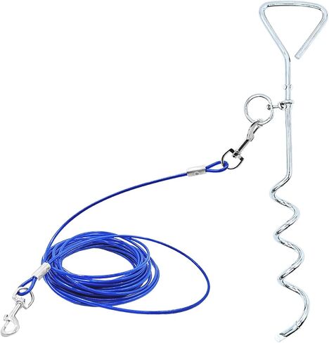 Dog Tie-Out Stake and Cable 30ft Heavy Duty Spiral Ground Stake Tethering Anchor Dog Leash Chain Rope Metal 360 Swivel Hook for Small Medium Large Dogs Outdoor (Simple Stake) in Kuwait