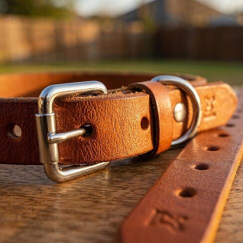 XanYu Premium Genuine Leather Dog Collar – Adjustable Heavy Duty Pet Collar with Sturdy Metal Buckle, Soft & Classic for Puppy and Small, Medium, Large Dogs (Tan) in Kuwait