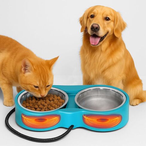 Pet Heated Bowl for Cat Dog, Freeze-Proof Warming Animal Food Feeder with Anti-Chew Cord,Waterproof & Thermostat Heating Bowls Removeable, (2 x 23 fl oz, Blue) in Kuwait
