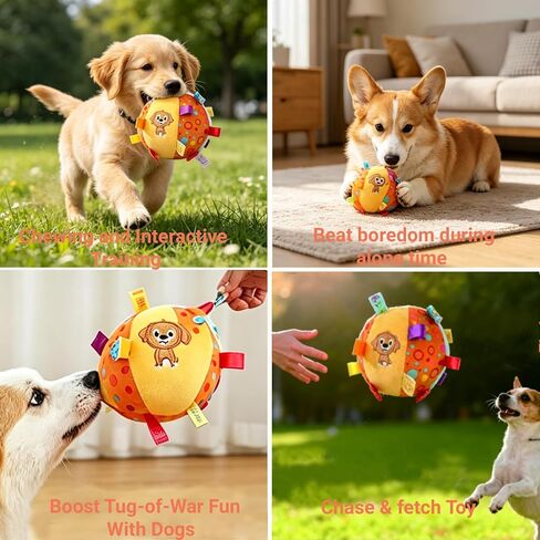 Dog Tag Toy，Squeaky Plush Toy,6-Inch Soft Stuffed Cotton Ball, Built-in Bell，Interactive Retrieval Toy for Puppies & Small Medium Dogs, Puppy Play Gym & Busy Toys in Kuwait
