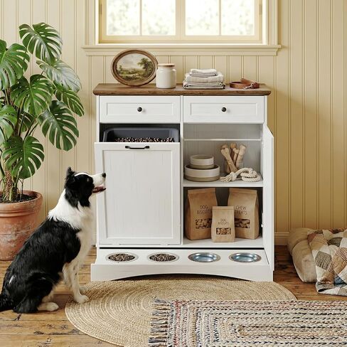 Furnaza Dog Food Storage Cabinet for Dogs & Cats,Pet Feeding Station with 4 Bowls, Tilt-Out Dog Feeding Station, Pet Storage for Kitchen, Living Room,White in Kuwait