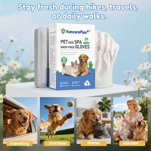 Pet Hydrosol SPA Glove Wipes, 10 Individually Wrapped Packs, No Rinse Dog & Cat Grooming Wipes, Deodorizing Waterless Pet Cleaning Gloves with Jojoba Oil & Olive Oil for Travel & Home in Kuwait