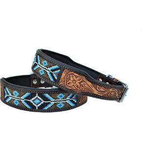 Leather Dog Collar Western Style Heavy Duty Hand Tooled Adjustable Beaded and Padded Soft for Puppies and Big Dogs 10AB017 in Kuwait