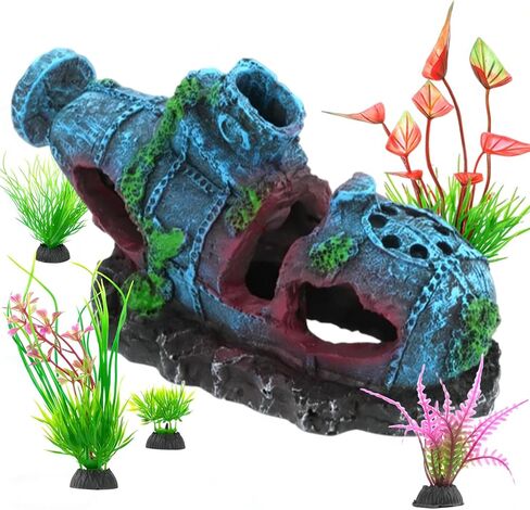 CEYAZYE 6Pcs Fish Tank Decorations Set, Realistic Pirate Shipwreck Aquarium Decor, 1 Resin Sunken Boat Ornament with Cave Hideouts & 5 Aquatic Plants, Tank Accessories for Fish Breed Play and Rest in Kuwait