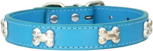 Bone Rivets Leather Dog Collar Colourful Puppy Neck Strap Collar for Small Medium Large Dogs Cat Pug Chihuahua Accessories S-XL (M,Light Blue) in Kuwait