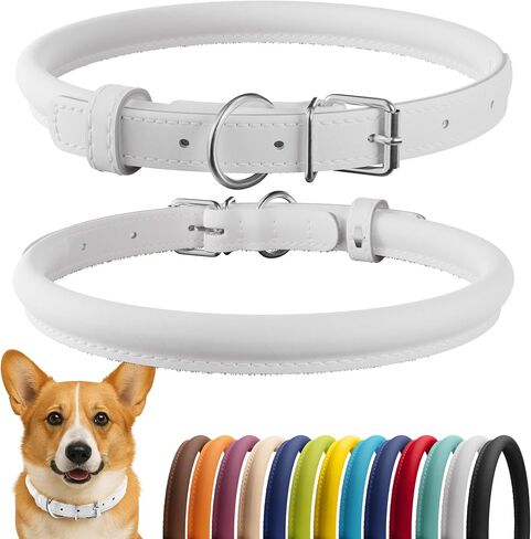 CollarDirect Rolled Leather Dog Collar, Soft Padded Round Puppy Collar, Handmade Genuine Leather Collar Dog Small Large Cat Collars 13 Colors (13-16 Inch, White Smooth) in Kuwait