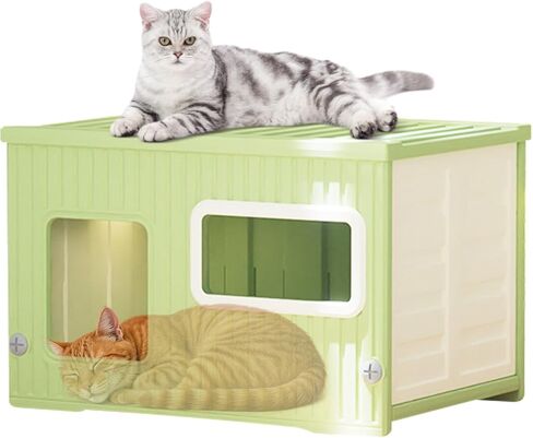 Plastic Cat House for Outdoor Indoor Use,Plastic Weatherproof Elevated Outdoor Cat Shelter Stackable Waterproof Feral Cat Shelter (Green, L) in Kuwait