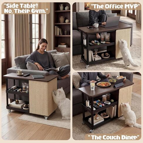 Cat Scratch Furniture Protector, Couch Protector from Cat Claws Side Table with Storage Cabinet & Wheels, 12.6''Wooden Sofa Narrow End Table with Cat Scratch Panel for Living Room (Walnut, Left) in Kuwait