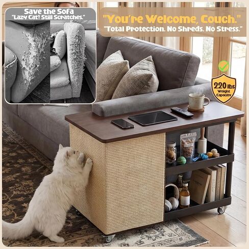 Cat Scratch Furniture Protector, Couch Protector from Cat Claws Side Table with Storage Cabinet & Wheels, 12.6''Wooden Sofa Narrow End Table with Cat Scratch Panel for Living Room (Walnut, Left) in Kuwait