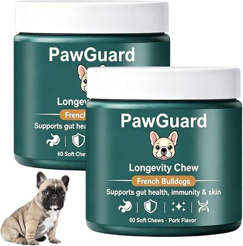 مضغ PawGuard French Bulldog Longevity، تركيبة خاصة بالسلالة لصحة الأمعاء والجلد والمعطف، والجهاز المناعي، ونكهة لحم الخنزير للتنقل المشترك، 60 قطعة مضغ بروبيوتيك (1 قطعة) in Kuwait