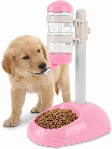 Pet Standing Water Dispenser Feeder, 500ml Dog Water Feeder Bottle Adjustable Raised Pet Food Bowl for Dogs Detachable Bottles Easy Cleaning (Pink) in Kuwait
