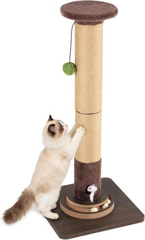 35.4" Tall Sisal Cat Scratching Post, Anti-Tip Stable Base, Interactive Mouse Hole & Toys, Furniture Grade Wood Cat Scratcher Tower for Indoor Cats in Kuwait