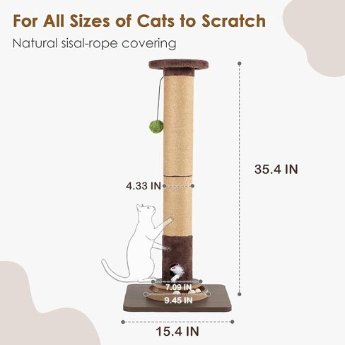 35.4" Tall Sisal Cat Scratching Post, Anti-Tip Stable Base, Interactive Mouse Hole & Toys, Furniture Grade Wood Cat Scratcher Tower for Indoor Cats in Kuwait
