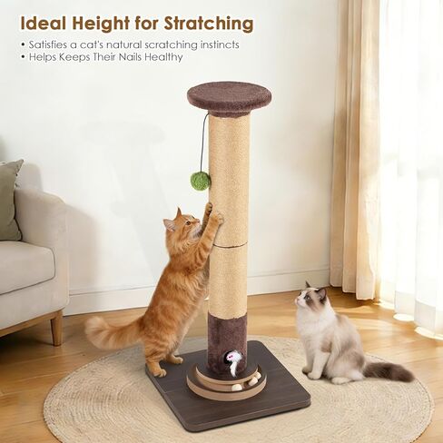 35.4" Tall Sisal Cat Scratching Post, Anti-Tip Stable Base, Interactive Mouse Hole & Toys, Furniture Grade Wood Cat Scratcher Tower for Indoor Cats in Kuwait