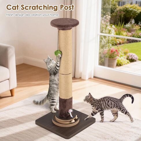 35.4" Tall Sisal Cat Scratching Post, Anti-Tip Stable Base, Interactive Mouse Hole & Toys, Furniture Grade Wood Cat Scratcher Tower for Indoor Cats in Kuwait