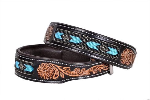 Leather Dog Collar Medium Size Western Style Heavy Duty Hand Tooled Adjustable Beaded and Padded Soft for Puppies and Big Dogs 10IS015-M in Kuwait