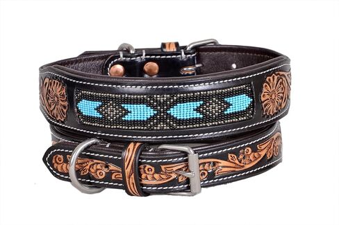 Leather Dog Collar Medium Size Western Style Heavy Duty Hand Tooled Adjustable Beaded and Padded Soft for Puppies and Big Dogs 10IS015-M in Kuwait