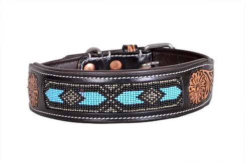 Leather Dog Collar Medium Size Western Style Heavy Duty Hand Tooled Adjustable Beaded and Padded Soft for Puppies and Big Dogs 10IS015-M in Kuwait