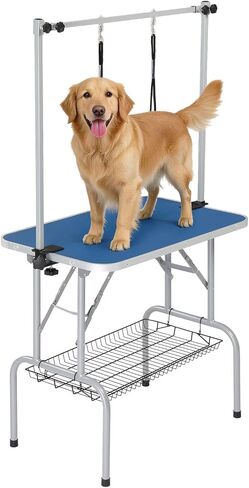 VINGLI Dog Grooming Table, Adjustable Cat Grooming Desktop with Arms and Storage Basket, Pet Grooming Stand at Home (Blue, 32 inch) in Kuwait