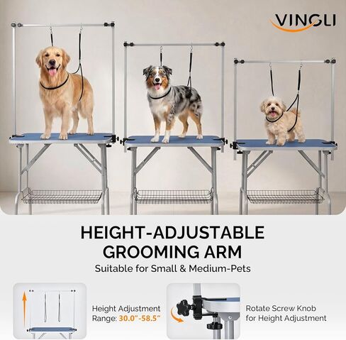 VINGLI Dog Grooming Table, Adjustable Cat Grooming Desktop with Arms and Storage Basket, Pet Grooming Stand at Home (Blue, 32 inch) in Kuwait