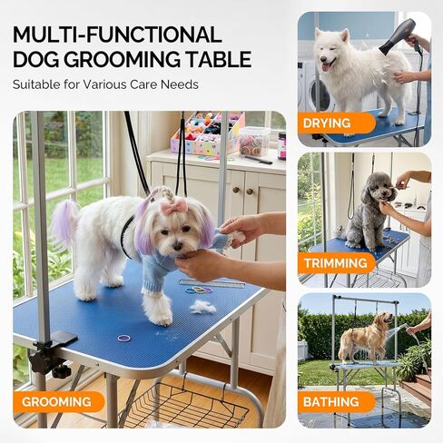 VINGLI Dog Grooming Table, Adjustable Cat Grooming Desktop with Arms and Storage Basket, Pet Grooming Stand at Home (Blue, 32 inch) in Kuwait