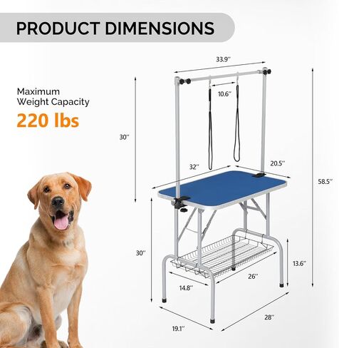 VINGLI Dog Grooming Table, Adjustable Cat Grooming Desktop with Arms and Storage Basket, Pet Grooming Stand at Home (Blue, 32 inch) in Kuwait