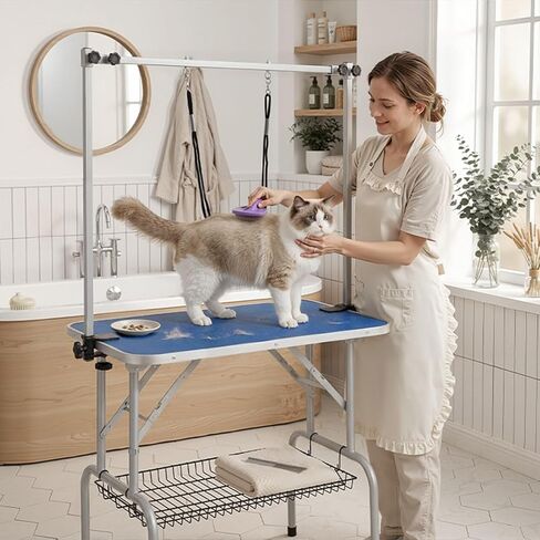 VINGLI Dog Grooming Table, Adjustable Cat Grooming Desktop with Arms and Storage Basket, Pet Grooming Stand at Home (Blue, 32 inch) in Kuwait