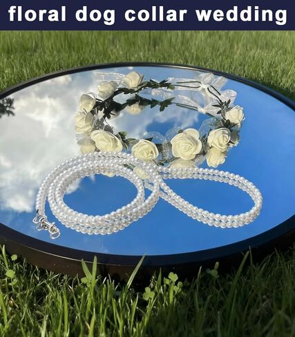 Dog Flower Collar with Pearl Leash Floral Wedding Accessory for Small Dogs, White Rose Eucalyptus Detachable Pet Necklace for Photoshoot & Party in Kuwait