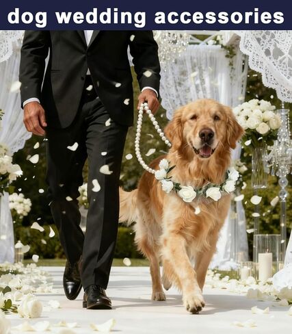 Dog Flower Collar with Pearl Leash Floral Wedding Accessory for Small Dogs, White Rose Eucalyptus Detachable Pet Necklace for Photoshoot & Party in Kuwait