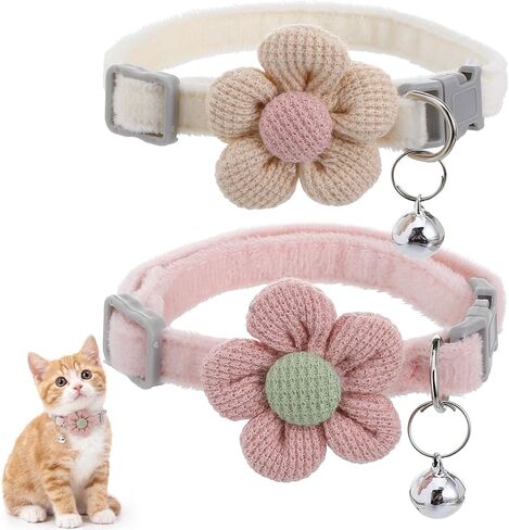 Larrel 2PCS Small Dog Collar with Flower, Breakaway Cat Collars with Bells, Adjustable Pet Collar, Cute Flower Pet Collars for Cats, Dogs, Kittens and Puppies (Pink, White) in Kuwait