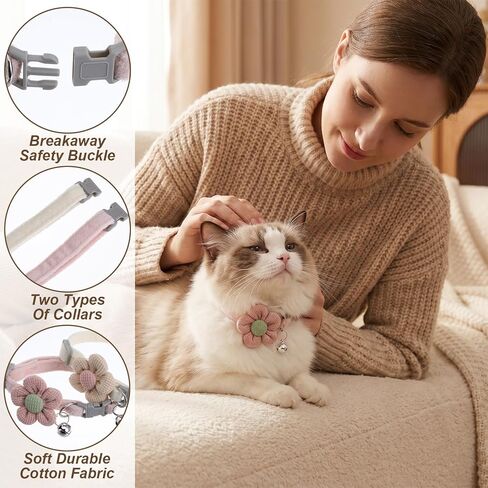 Larrel 2PCS Small Dog Collar with Flower, Breakaway Cat Collars with Bells, Adjustable Pet Collar, Cute Flower Pet Collars for Cats, Dogs, Kittens and Puppies (Pink, White) in Kuwait