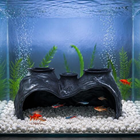 Dual-Entrance Rock-Texture Aquarium Cave – Fish Tank Shelter & Aquarium Decor with 3 Tunnels, 6.5 * 2.76 * 3.15in (Black) in Kuwait