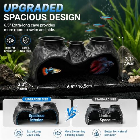Dual-Entrance Rock-Texture Aquarium Cave – Fish Tank Shelter & Aquarium Decor with 3 Tunnels, 6.5 * 2.76 * 3.15in (Black) in Kuwait