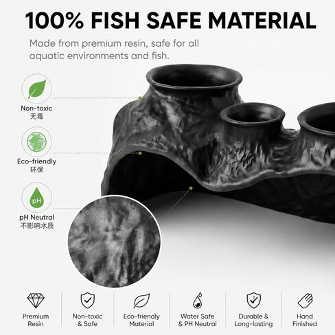 Dual-Entrance Rock-Texture Aquarium Cave – Fish Tank Shelter & Aquarium Decor with 3 Tunnels, 6.5 * 2.76 * 3.15in (Black) in Kuwait