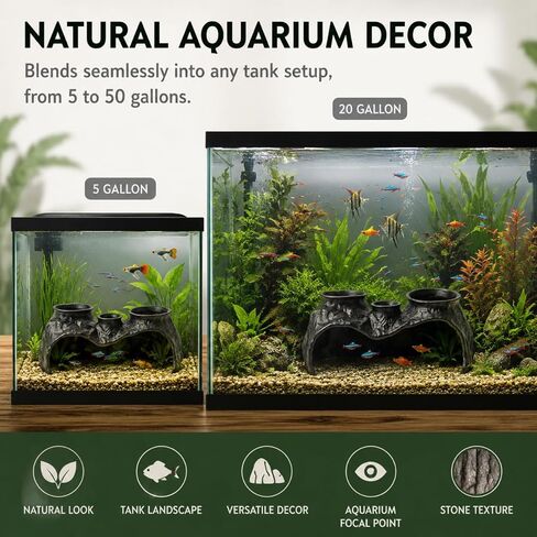 Dual-Entrance Rock-Texture Aquarium Cave – Fish Tank Shelter & Aquarium Decor with 3 Tunnels, 6.5 * 2.76 * 3.15in (Black) in Kuwait