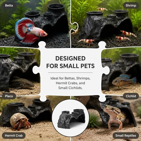 Dual-Entrance Rock-Texture Aquarium Cave – Fish Tank Shelter & Aquarium Decor with 3 Tunnels, 6.5 * 2.76 * 3.15in (Black) in Kuwait