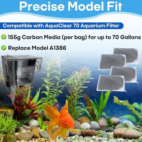 4 عبوات من الكربون المنشط A1386 المتوافقة مع فلتر AquaClear 70 AquaClear (155 جرام/كيس، وسائط كربون متوافقة مع AquaClear حتى 70 جالون، فلتر خزان الأسماك مناسب للفحم منخفض الرماد، أبيض) in Kuwait