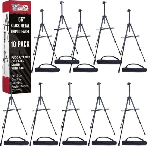 U.S. Art Supply - Pack of 10-66 Inch Sturdy Black Aluminum Tripod Artist Field and Display Easel Stand - Adjustable Height 20" to 5.5 Feet, Holds 32" Canvas - Floor and Tabletop Displaying, Painting in Saudi Arabia