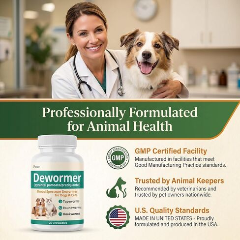 Poxo Dewormer for Dogs & Cats, 7-Way Wormer for Tapeworms, Roundworms & Hookworms, with Praziquantel & Pyrantel Pamoate – Gentle on Stomach, 25 Chewable in Kuwait
