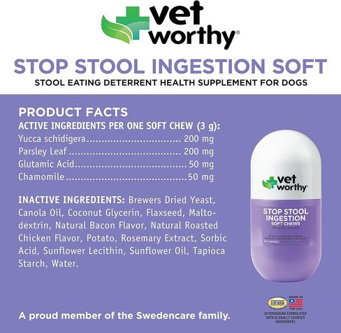 Vet Worthy Coprophagia Deterrent for Dogs - Pet Supplement with Chamomile, Yucca Schidigera to Stop Stool Eating for Dogs - Contains Parsley to Naturally Freshen Breath - 60 Soft Chews in Kuwait