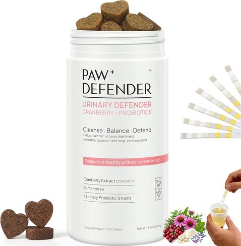 Dog UTI Treatment, Cranberry Supplement for Dogs, Urinary Tract & Bladder Incontinence Support with Natural Cranberry Extract & D-Mannose & UT Probiotics, Includes 10 Urine Test Strips, 120 Chews in Kuwait