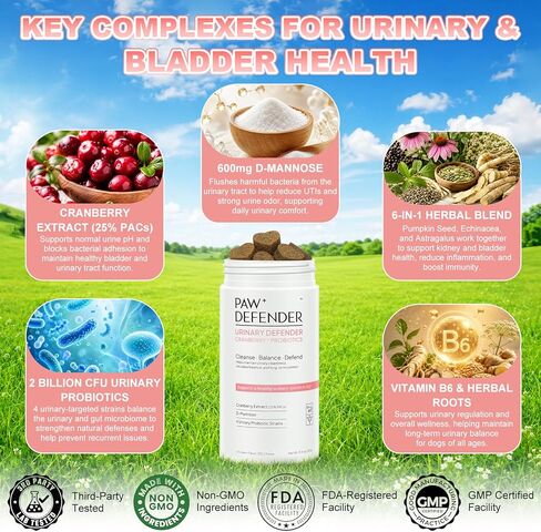 Dog UTI Treatment, Cranberry Supplement for Dogs, Urinary Tract & Bladder Incontinence Support with Natural Cranberry Extract & D-Mannose & UT Probiotics, Includes 10 Urine Test Strips, 120 Chews in Kuwait